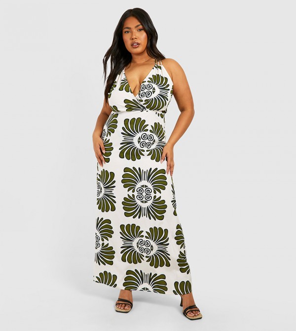 Curve Woven Scarf Printed Strappy V Neck Maxi Dress