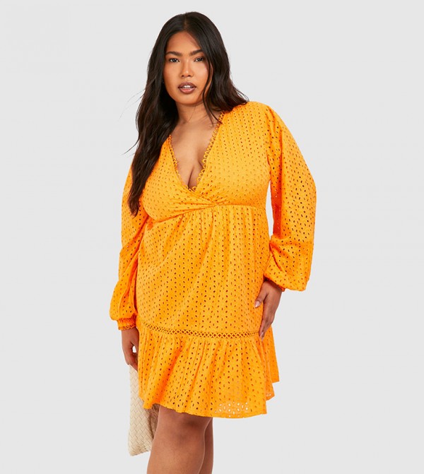 Curve Woven Broderie V-Neck Long Sleeves Smock Dress
