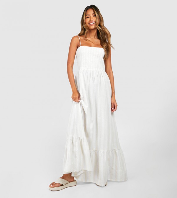 Linen Look Shirred Stripe Bandeau Maxi Dress