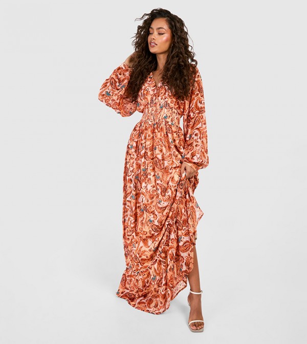 Paisley Print Long Sleeves Maxi Dress
