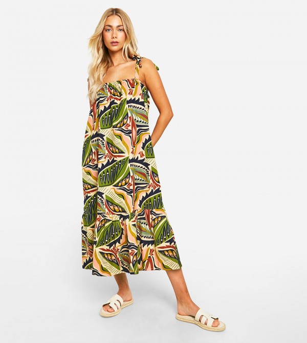 Printed Tie Strap Linen Midaxi Dress