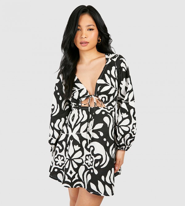 Petite Mono Printed Linen Mini Dress