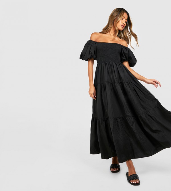Tiered Shirred Midaxi Smock Dress