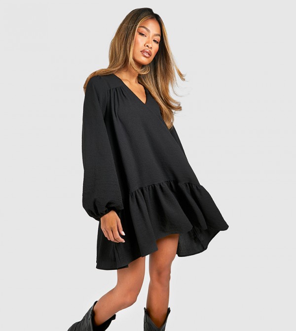 Textured Blouson Sleeves Mini Smock Dress