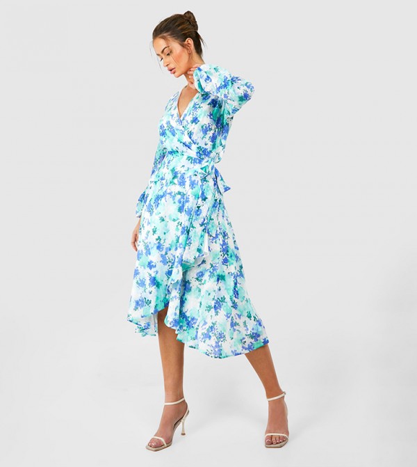 ＊Daisy＊ Buy Boohoo Floral Print Wrap Belted Midi Dress In Blue