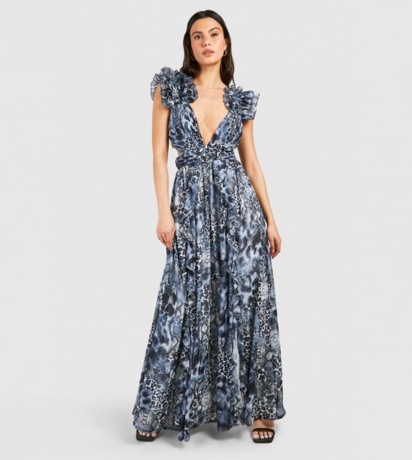 Leopard Ruffle Cut Out Maxi Dress