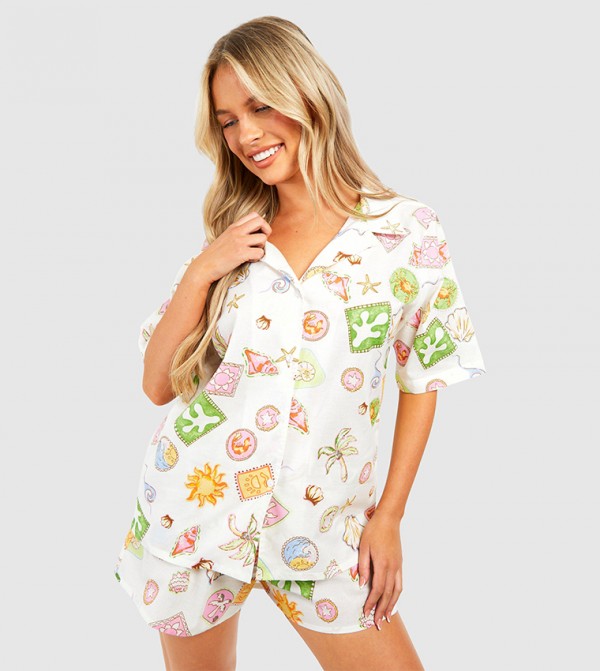 Cotton Poplin Sea Motif Short Sleeves Sleep Shirt