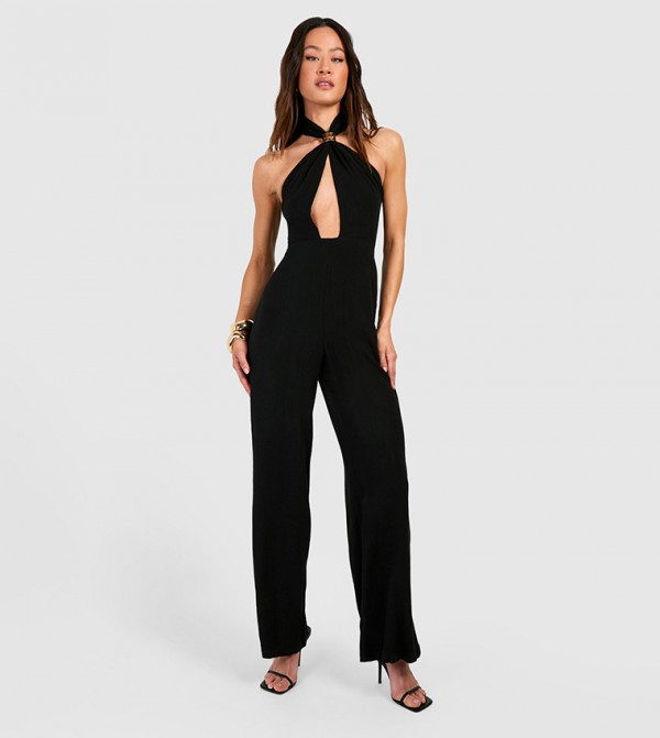 Tall Linen Gold Trim Halterneck Wide Leg Jumpsuit