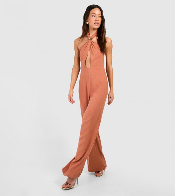 Tall Linen Gold Trim Halterneck Wide Leg Jumpsuit