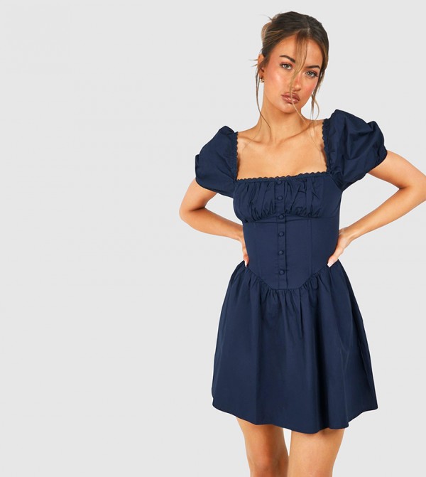 Solid Puff Sleeves Ruched Milkmaid Mini Dress