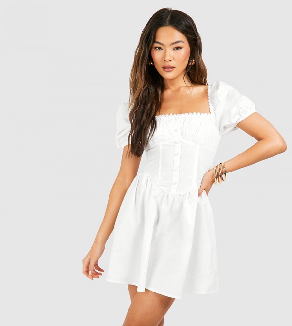 Solid Puff Sleeves Ruched Milkmaid Mini Dress