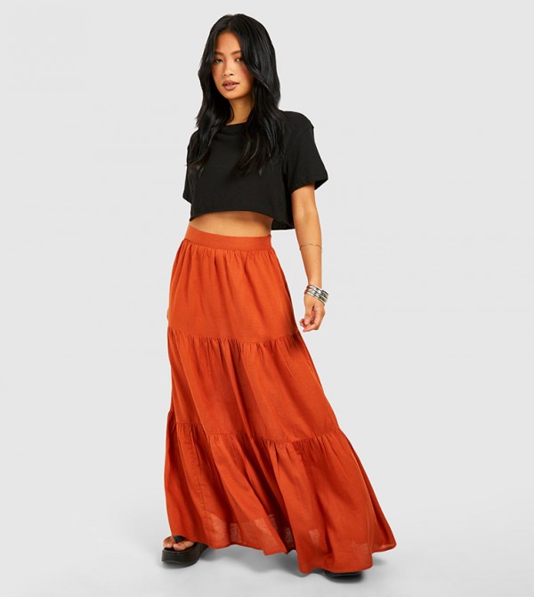 Buy Boohoo Petite Tiered Maxi Skirt In Orange 6thStreet Bahrain