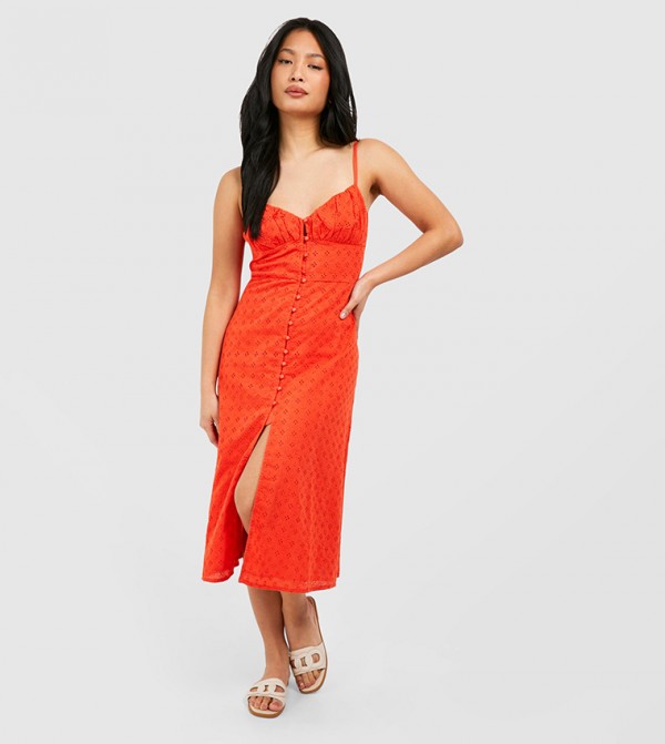 Petite Broderie Button Detail Midi Dress