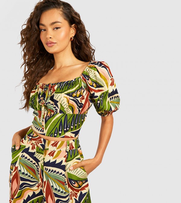 Bohemian Print Puff Sleeves Crop Top