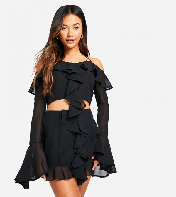Chiffon Ruffle Front Bardot Crop Top