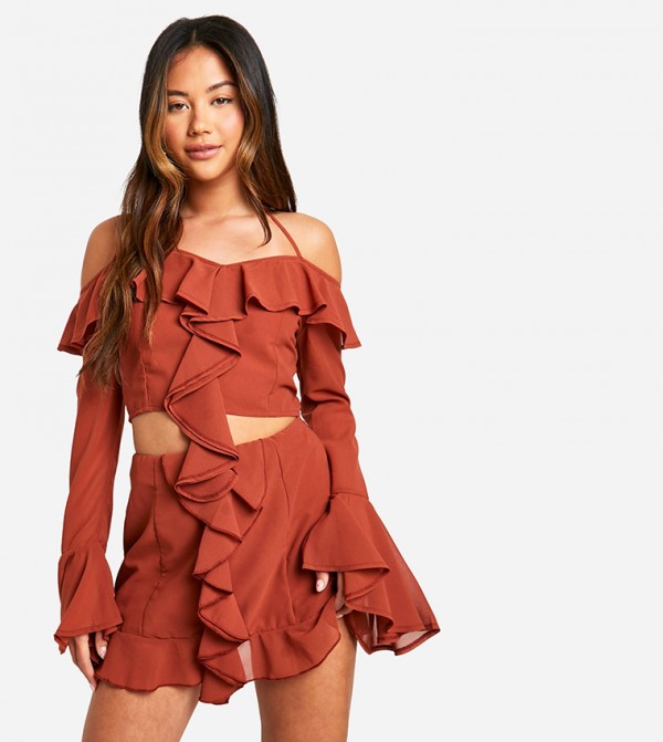 Chiffon Ruffle Front Bardot Crop Top