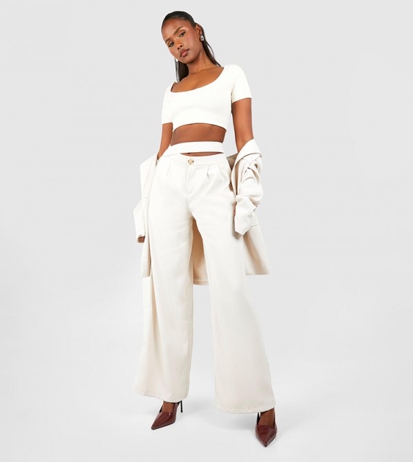 Tab Front Pleat Detail Wide Leg Trousers