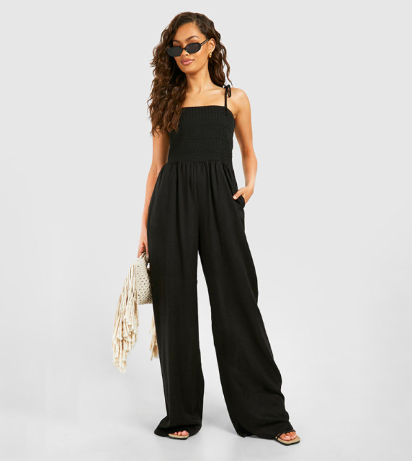Linen Look Shirred Bandeau Jumpsuit