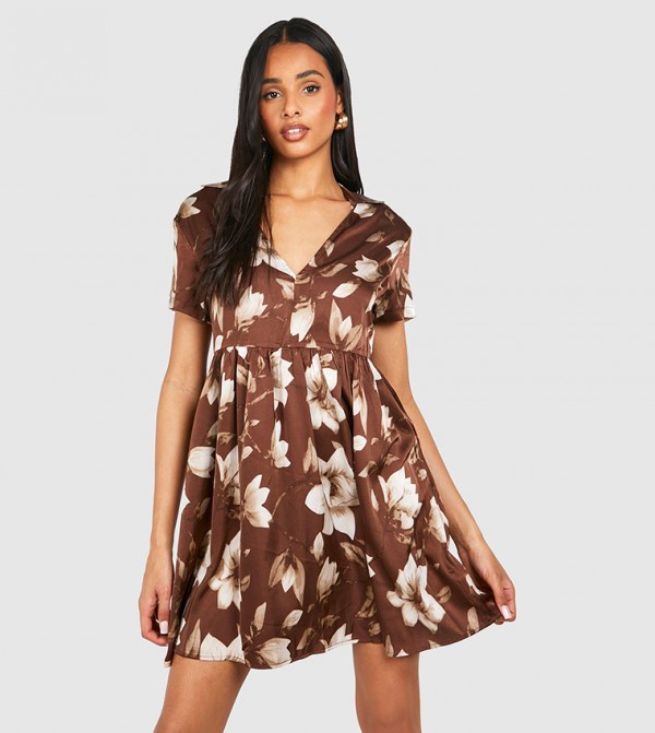 Tall Satin Floral Print V-Neck Smocked Dress