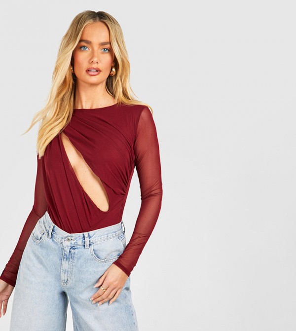 Ruched Mesh Cut Out Long Sleeves Bodysuit Top