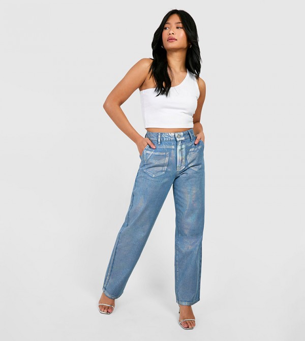 Petite Iridescent Metallic Coated Straight Fit Jeans