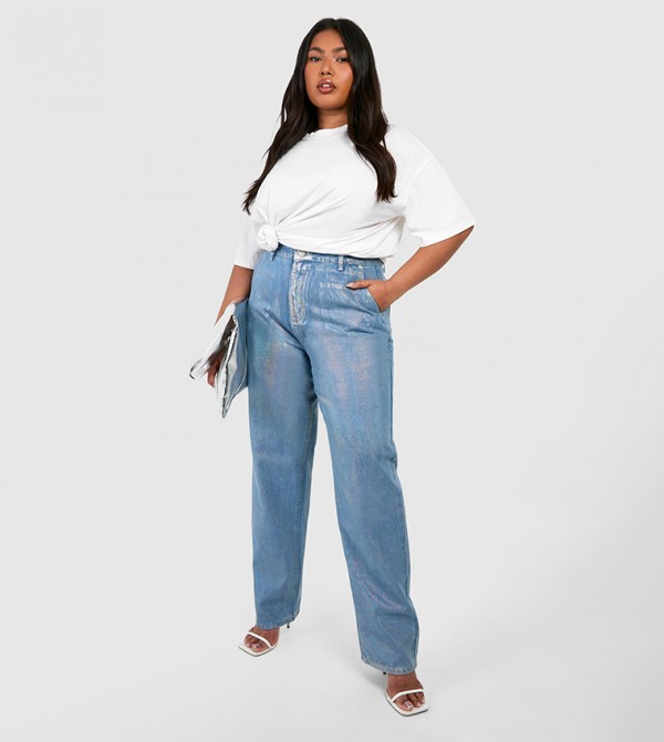 Curve Iridescent Metallic Coated Straight Leg Jeans