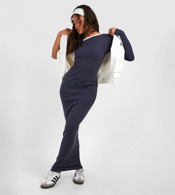 Premium Contrast Rib One Shoulder Maxi Dress