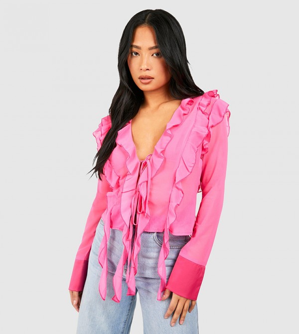 Petite Ruffle Detail Tie Front Top