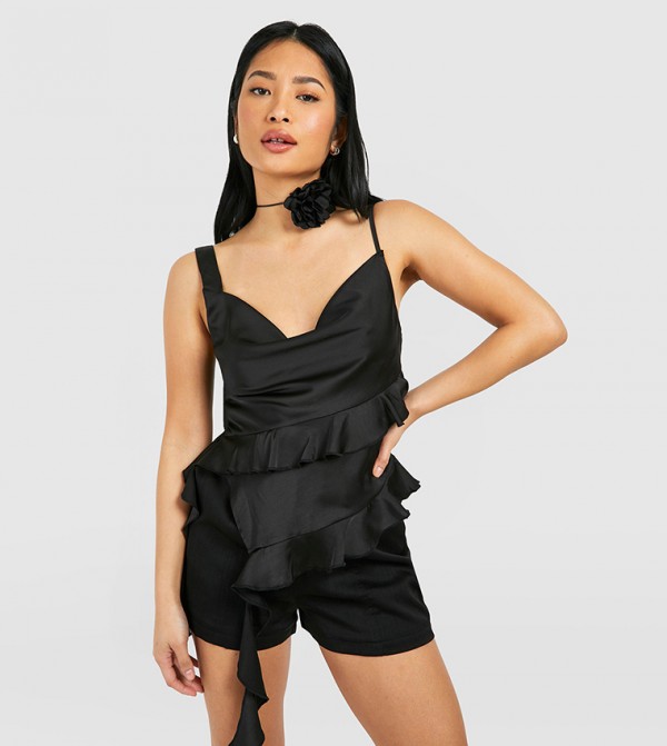 Petite Satin Strappy Ruffle Detail Top