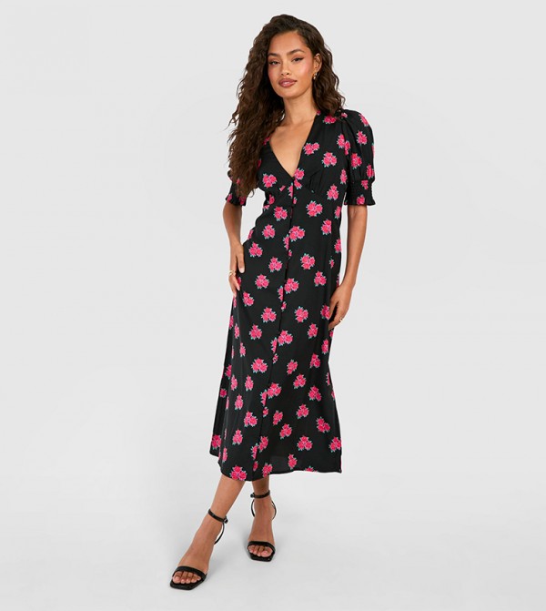 Ditsy Floral Shirred Cuff Midi Dress