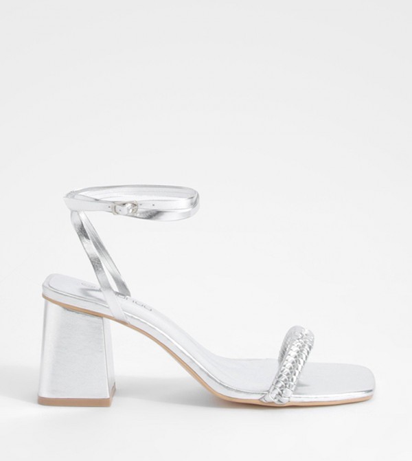 Metallic Woven Strap Block Heel Sandals