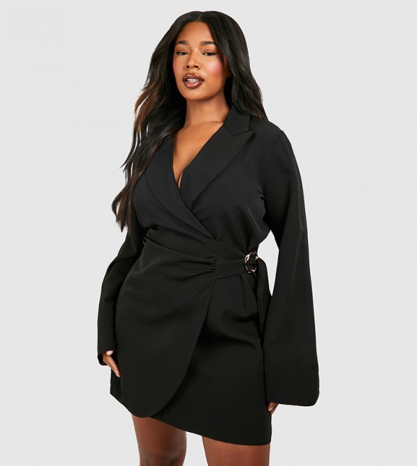 Buckle Detail Tie Waist Tailored Blazer Dress