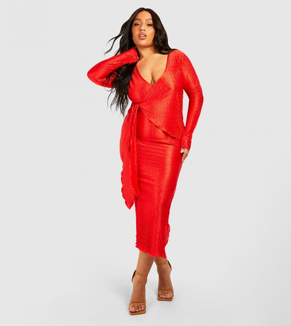 Wave Plisse Wrap Midi Dress