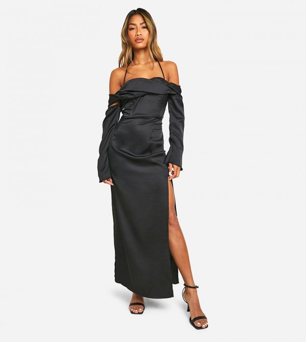 Satin Cold Shoulder Maxi Dress