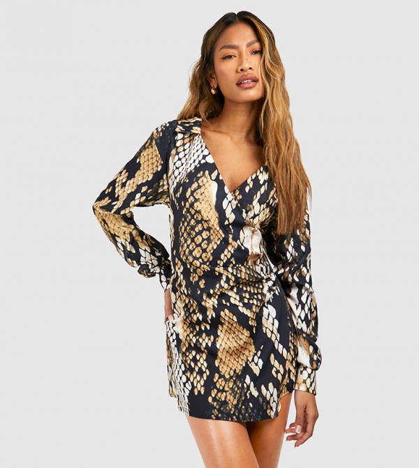 Snake Satin Wrap Shirt Dress