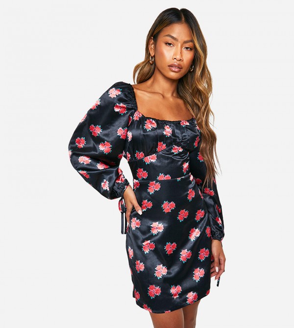 Floral Puff Sleeves Mini Dress