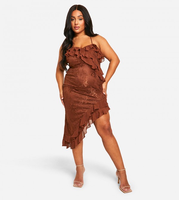 Curve Lace Frill Asymmetric Midaxi Dress