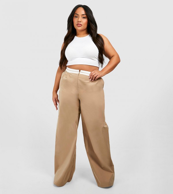 Curve Woven Reverse Waist Wide Leg Trousers