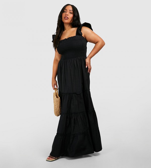 Cotton Frill Sleeves Maxi Smock Dress