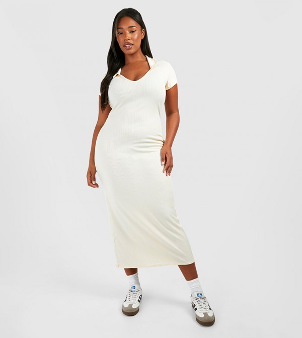 Ribbed Collar Short Sleeves Midaxi Dress