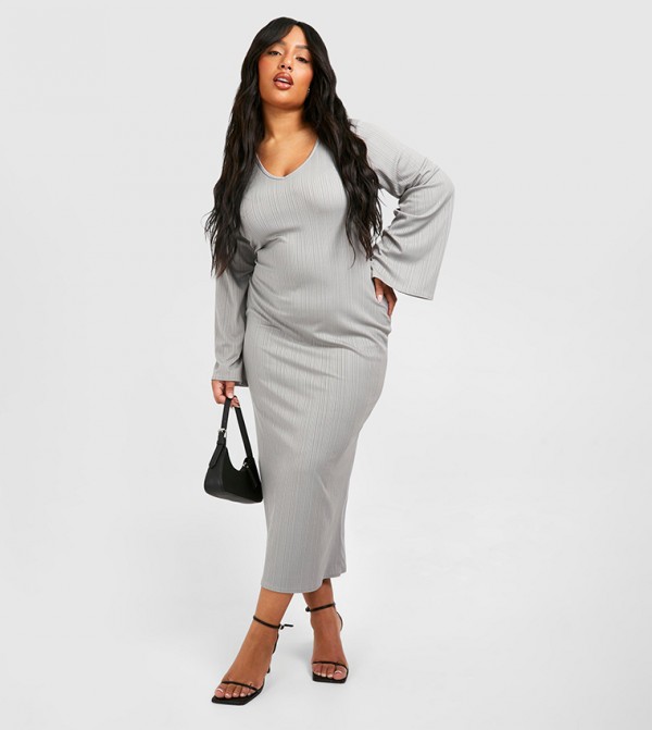 Ribbed Flared Sleeves Column Dress