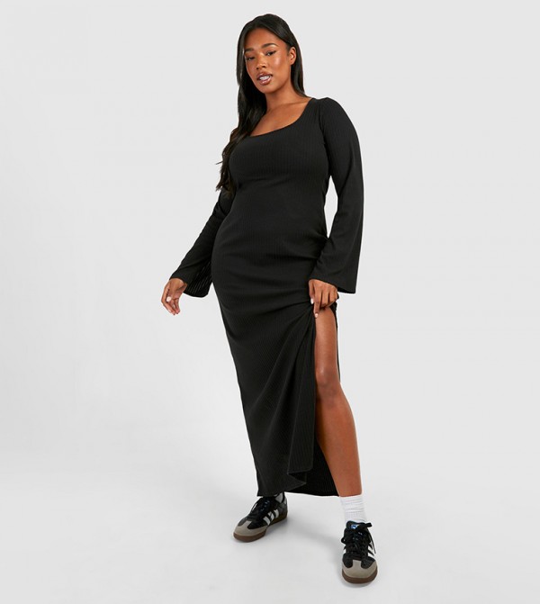 Ribbed Flared Sleeves Split Maxi Dress