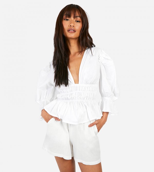 Volume Sleeves Tie Back Cotton Poplin Top