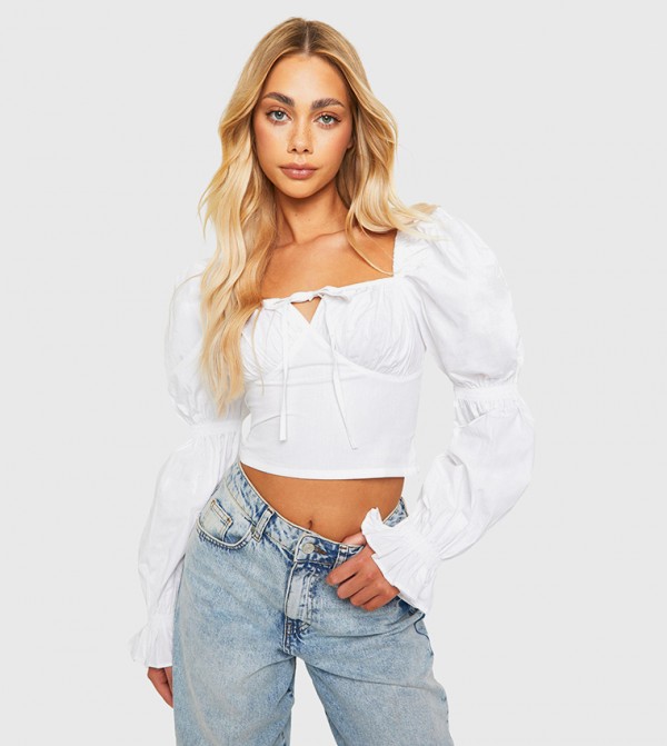 Cotton Poplin Puff Sleeves Crop Top