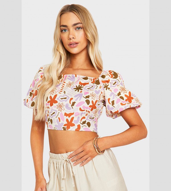 Puff Sleeves Printed Crop Top