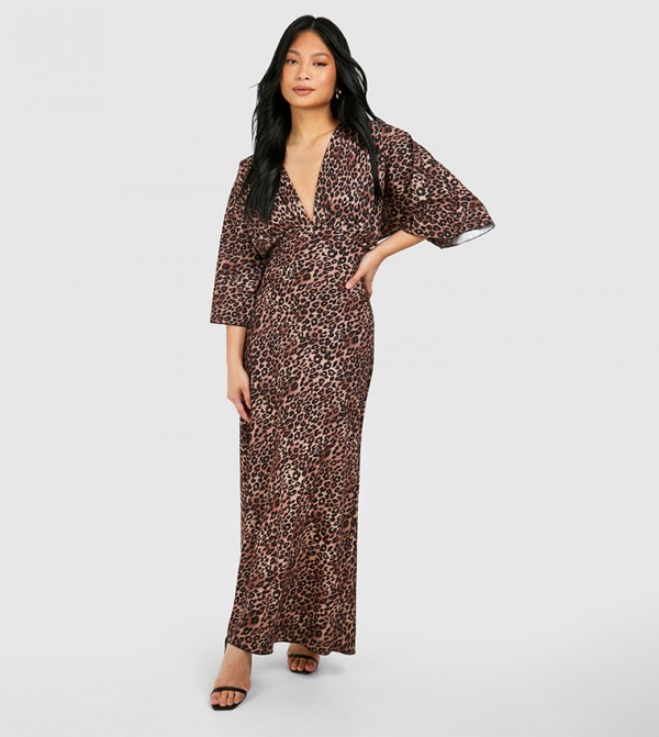 Petite Leopard Bias Cut Batwing Maxi Dress