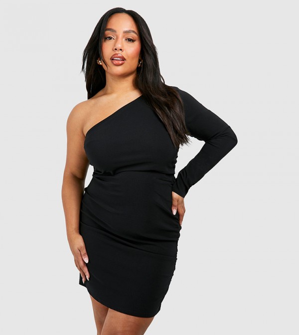 Curve Bengaline One Shoulder Ruched Mini Dress