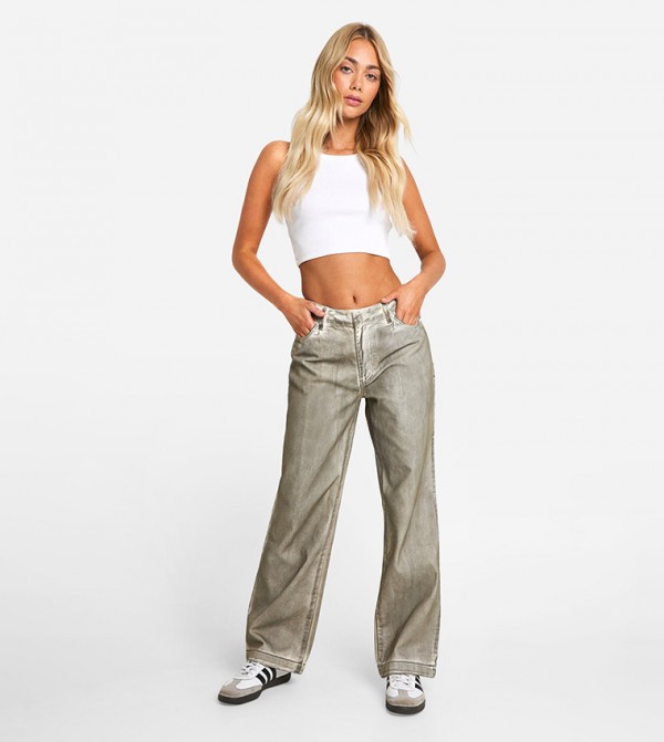 Pleat Front Grunge Coated Straight Fit Jeans