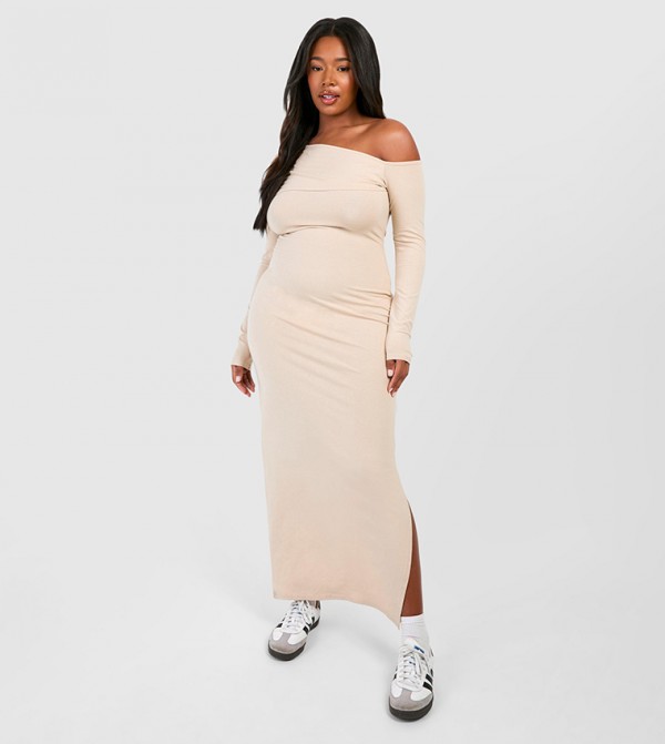 Ruched Bardot Long Sleeves Maxi Dress
