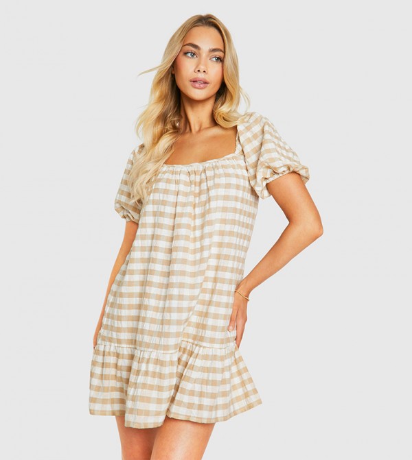 Gingham Balloon Sleeves Mini Dress